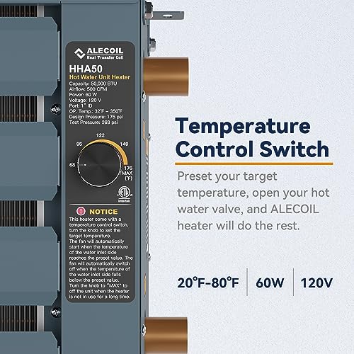 Alecoil 50,000 Btu Hydronic Hot Water Hanging Unit Heater With Water Temperature Control Switch Hha50 Water To Air Heat Exchanger With Fan For Outdoor Wood Furnaces, Garage And Warehouse Heating thumb #2