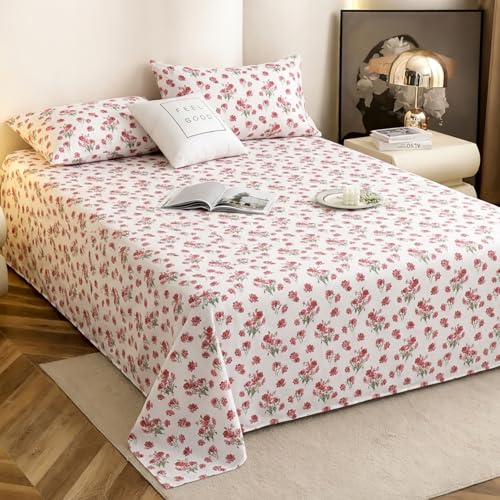 Image of 240 TC Soft Ezyption Cotton Floral Print King Double Bed bedsheet - with 2 Pillow Covers,bedsheet for Double Bed King Size Hypoallergenic, Brethable, (Size- 90 x 90 Inch) Red White