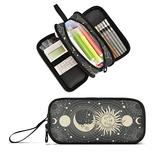 Image of Celestial Boho Moon Large Capacity Pencil Case Pencil Pouch Pen Box | 3 Compartment Large Storage Pencil Bag for Adults School Office Teen Girl Boy Men Women