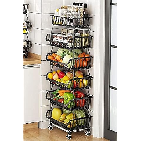 Kitchen Metal Storage Basket with Wheels Stackable Wire Utility Rolling Cart Vegetable Fruit Baskets Rack for Pantry,Potato,Onions,Beverages Storage(6 Tiers) Cover