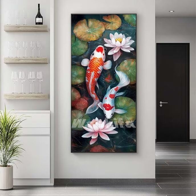 Pintar por Numeros Adultos Koi Pintura por Numeros Principiantes, Lotus Paint by Numbers Manualidades, DIY Pintar por Numeros Niños, Decoración de Paredes Hogar Regalos, 35x70 cm/14x28 Inch, Sin Marco