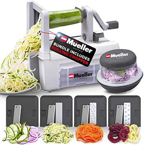 Mueller Pro Multi-Blade Spiralizer Vegetable Slicer Zester Chopper Dicer, ProQuality, Only Model to Make Round Veggie Pasta, Not Flat Julienne Noodles. Bundle Includes our Innovative Rolling Chopper