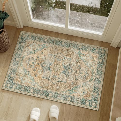 2x3 Washable Door Mat Vintage Distressed Entryway Kitchen Rust Blue Area Rug Non Slip Traditional Indoor Small Carpet Soft Low Pile Throw Rug for Entrance Entry Bathroom