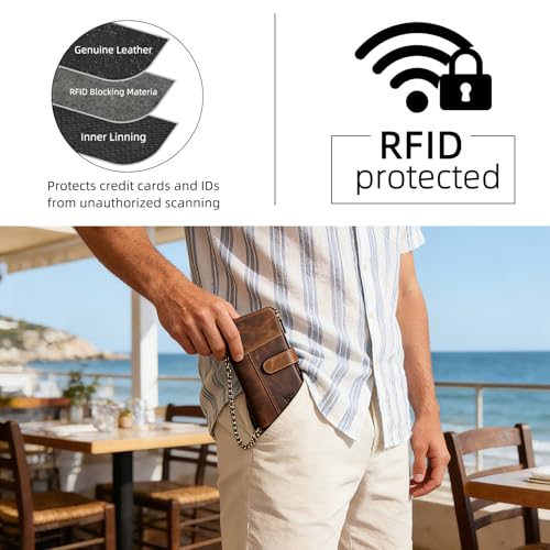 Image of Genuine Crazy Horse Leather Travel Gift Coin Pocket Card Case Long Organizer Chain Rfid Wallet Purse With Snap For Men Male 1803 1815 (1803 Light Brown)