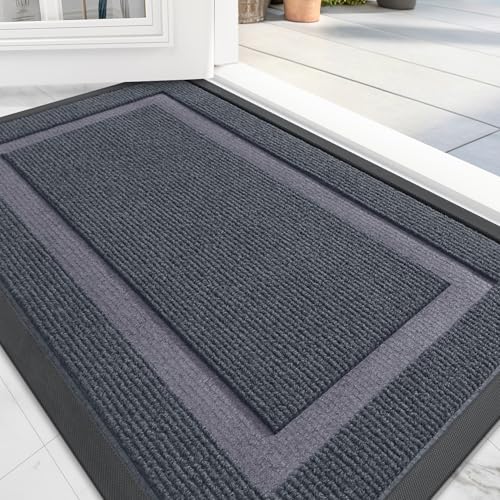 OLANLY Front Door Mat Indoor Outdoor Entrance, Waterproof All-Season, All-Weather Doormat, Sturdy Natural Rubber, Fade Resistant, Low Profile, Easy Clean Patio Porch Entryway Mat, 59x35, Light Grey
