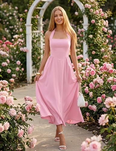 Image of ZESICA Women's Summer Sleeveless Halter Midi Dress 2026 Off Shoulder High Waist Flowy Formal Wedding Guest Long Dresses