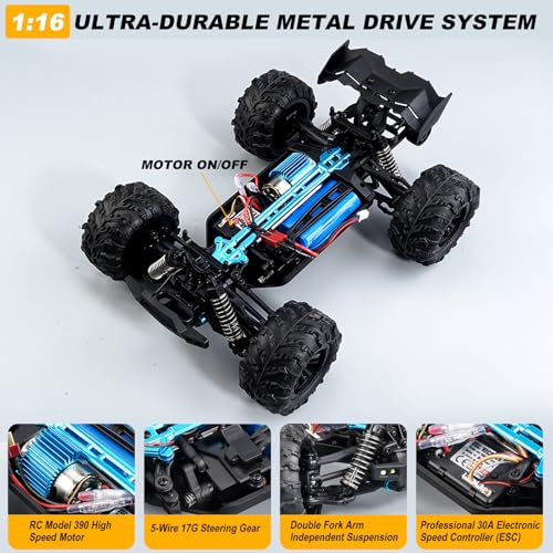 Image of 1:16 Scale All-Terrain RC Car for Adults - 40+KM /H High Speed 4WD Off-Road Remote Control Truck with 2 Rechargeable Batteries, 2.4GHz Electric Toy Vehicle Gift for Teens and 14+ (1:16 Scale)