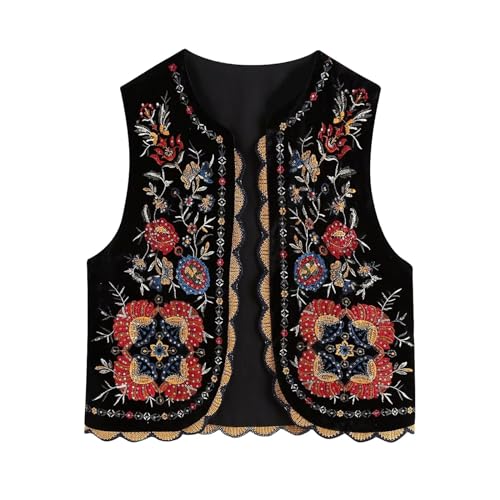 hathne Floral Embroidered Vest for Women Boho Vintage Sleeveless Open Front Vests Tops Waistcoat