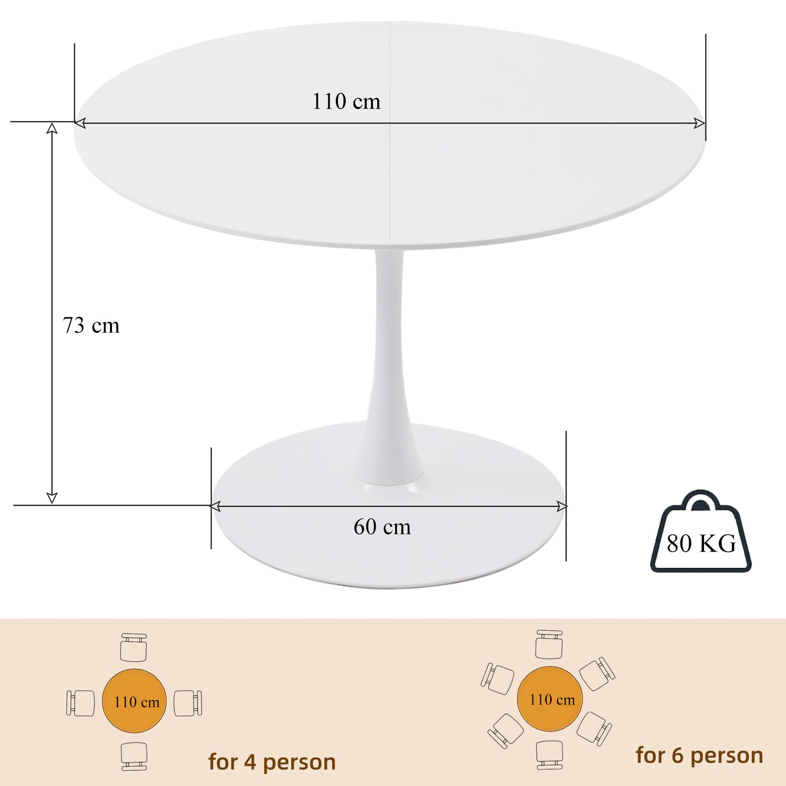 Tavolo da pranzo rotondo bianco da 110 cm, diametro per 4-6 persone, tavolo rotondo da pranzo moderno con base in metallo, per cucina, soggiorno, ristorante, caffè, ufficio, bianco
