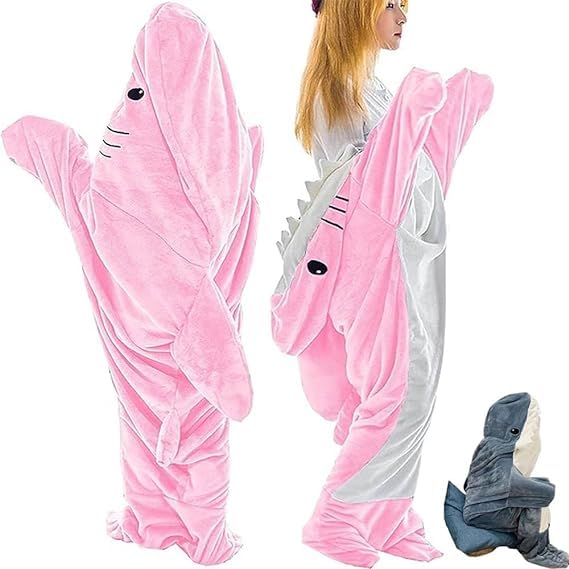 AMERTEERPink Shark Blanket Hoodie | Ultra-Soft Flannel Wearable Shark Onesie | Cozy Oversized Shark Sleeping Bag for Ultimate Snuggling, Lounging, and Fun (Size M)
