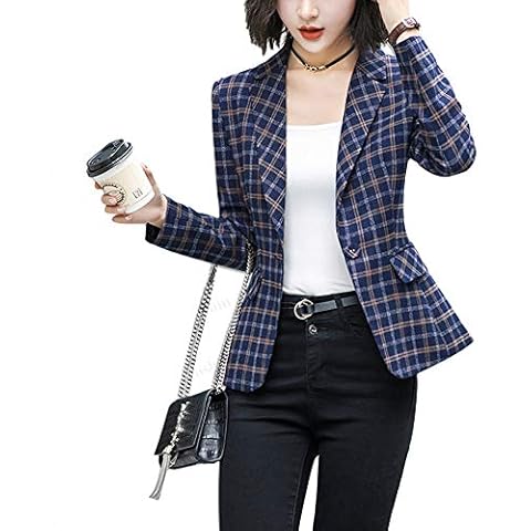 VERYC Women Plaids Blazer Jacket One Button Lapel Long Sleeve Pockets Suit Jacket Tops (Navy, UK 14 / Tag 3XL) Cover