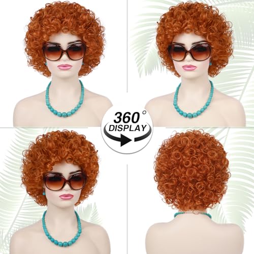 Image of Red Orange Wig + Sunglasses + Jewelry Set for Women Costume Short Curly Reddish Wigs for Landlady Cosplay Halloween Party or Fun (5pcs)