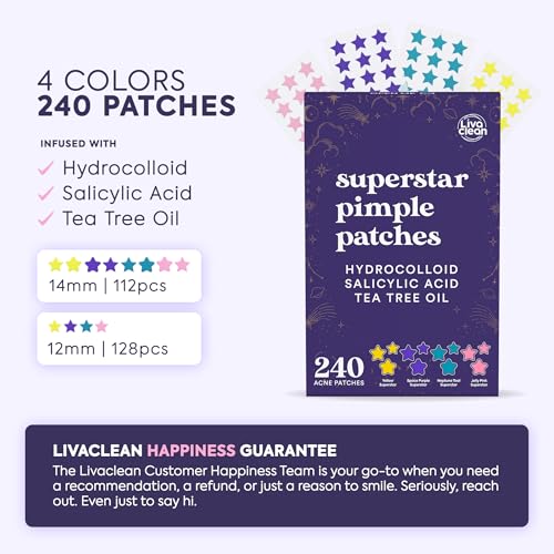 LivaClean Star Pimple Patches for Face w/Hydrocolloid, Salicylic Acid & Tea Tree, 240 Patches, Hydrocolloid Acne Patch, Cute Star Pimple Patch for Healing Stickers Zit Superstar - Image 3
