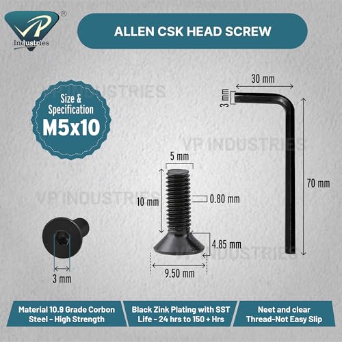 Image of By inchVP INDUSTRIES inch (Pcs-25) M5x10 mm Allen CSK Head Screw Black Zinc Plated High Tensile | Countersunk Screw for Modular Furniture, Wooden Work, Electrical Fittings, DIY & Industrial Use