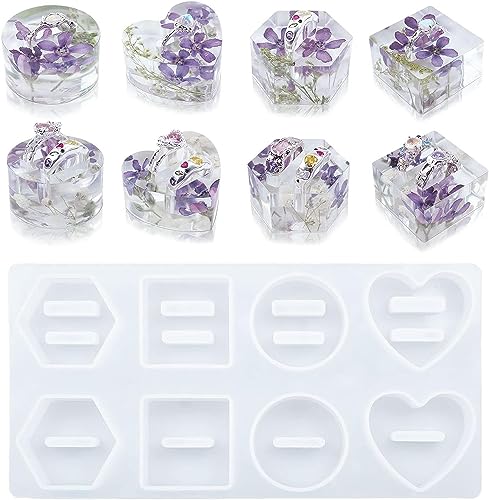 Image of FirstTry Resin Mold I Love Heart Round Hexagonal Square Shape 3D Silicone Ring Holder Tray I Crystal Casting Mould for Handmade Ring Display Storage Rack Art Crafts Home Party Decorations - 8 Cavity