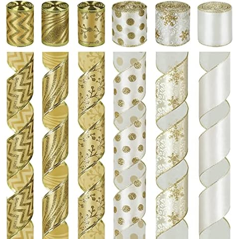 Arquiel 6 Rolls Gift Ribbon Wired, 6.3cm x 5.49m Ribbons Ornaments with Glitter, Satin Ribbon for Crafting Gift Wrapping Bow Decoration, White & Gold Cover