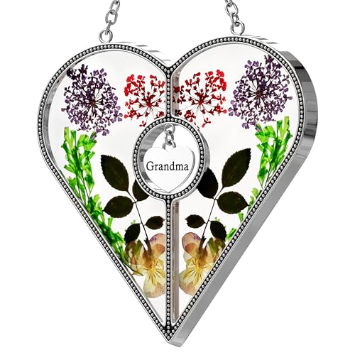 Product Image of the KY&BOSAM Heart Suncatcher Grandma Gifts Stained Glass Panels for Windows Hangings Wind Chime, Pressed Flower and Metal I Love You Heart Charm Windows Indoor Christmas Trees Wedding Party Home Decor