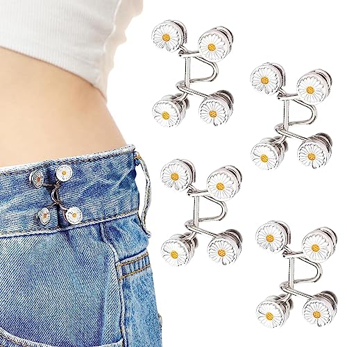 Image of SANNIDHI 4 Pcs Adjustable Waist Buckle, Pearl Daisy Pins for Jeans | Pin to Adjust Pant Waist, Helps Fit Loose Pants, Pearl Detail, Four Detachable Pieces, Daily Wear
