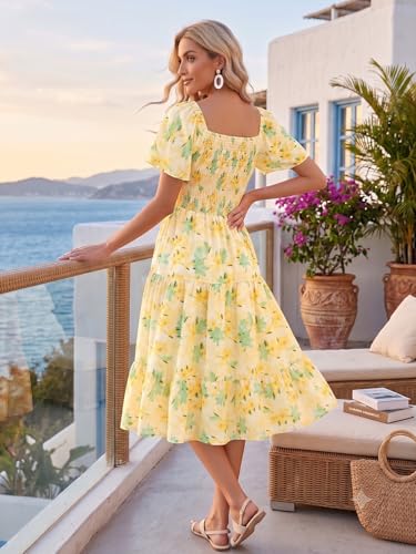 Image of Bbonlinedress Womens Casual Floral Summer Smocked Beach Party Boho Midi Square Neck Dress