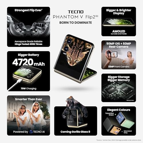 Image of Tecno Phantom V Flip 2 (Travertine Green, 8GB+256GB) | Strongest Flip Ever | 4720mAh with 70W Charger | Advance AI Features | 50MP OIS+50MP Camera | 6.9 inch 120Hz AMOLED Main & 3.64 inch AMOLED Cover Screen