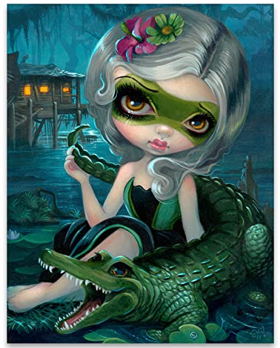 Strangeling Alligator Girl - Gothic Cottagecore Fairycore Goth Print, Wierd Room Decor Aesthetic Fairy Core Crocodile Animal Fantasy Grunge Painting Gift, 11X14 Unframed Magical Art Print Poster #TOP24