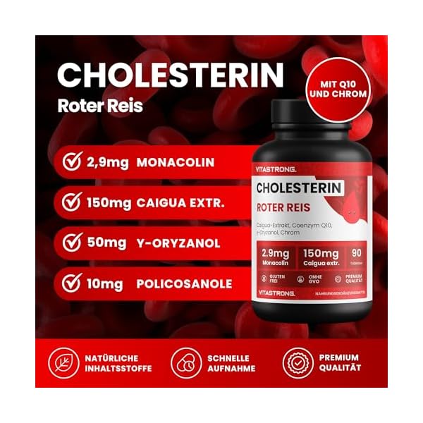 CHOLESTERIN - Nahrungsergänzungsmittel - Roter Reis, Caigua, γ-Oryzanol, Policosanol, Coenzym Q10 und Chrom - 90 Tabletten - Qualität Vitastrong – Bild 3