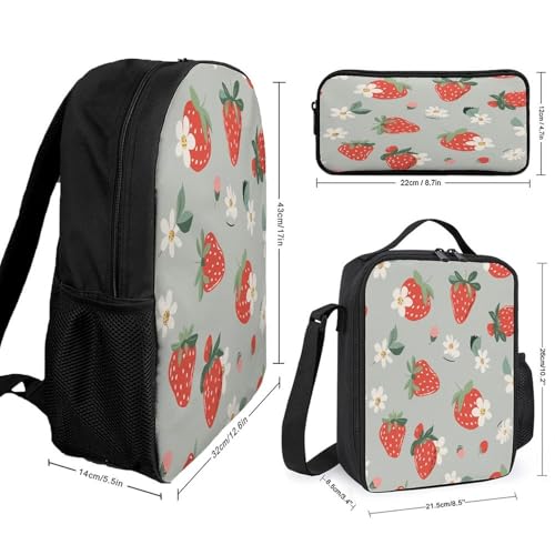 17-inch Backpack,Crossbody Lunch Bag,and Cosmetic Bags Suitable for Travel,business,casual,universal Hand Drawn Strawberry Print Travel Backpacks for Men And Women2