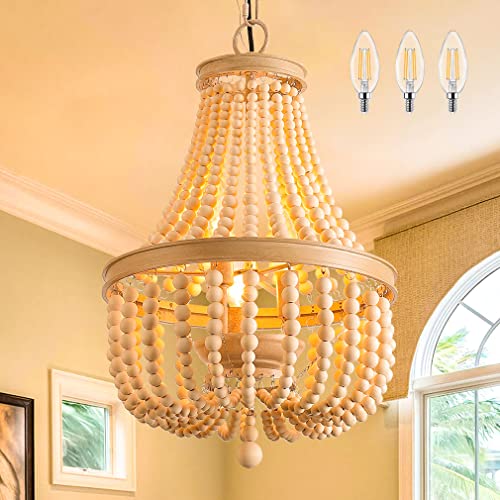 Beaded Chandelier Light Fixture, 3 Lights Wood Bead Boho Ceiling Light, Farmhouse Beaded Chandelier Boho Chandelier for Dining Room Nursery Girl's Room Bedroom Kitchen Entryway Living Room