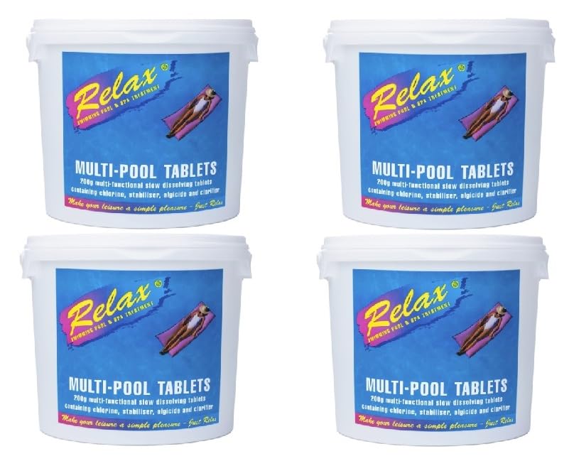 20kg Relax Large 200g Multi Function Chlorine Tablets - Swimming Pool Sanitiser - with added Algaecide & Clarifier (4 x 5kg) Tubs