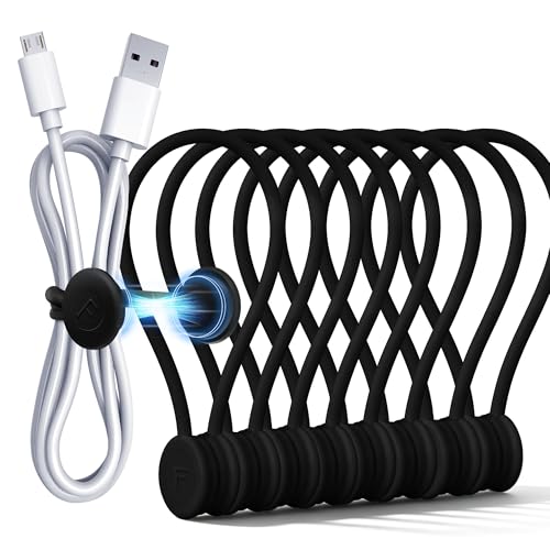 COOLMI Magnetic Cable Ties 8 Pack 6.88 Inch Reusable Silicone Cord Organizer Wraps Strong Magnet Cable Management Straps for Charging Cords USB Cables Earbuds Desk Travel Black