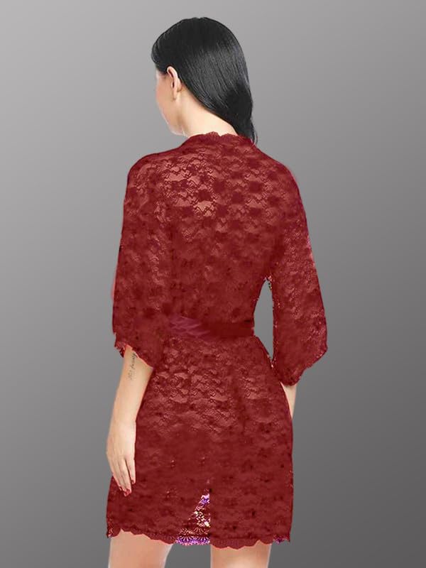 Image of Women's Sheer Lace Babydoll Lingerie Set, Floral Printed Nightdress with Panty, Net Lace Robe and Bikini Set, 4-Piece Nightwear Set