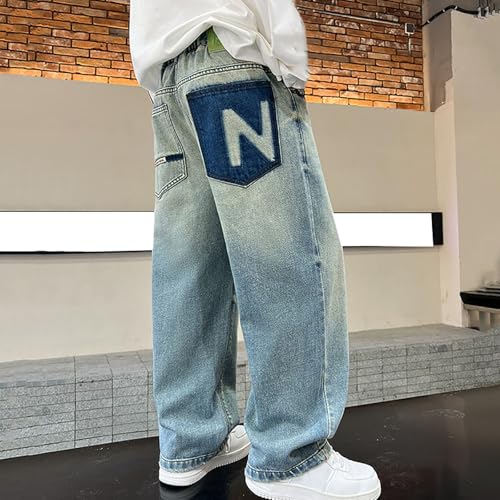 Boys Wide Leg Jeans Baggy Elastic Waist Solid 𝗩intage Straight Leg Denim Pants Fall Streetwear Casual Trousers2