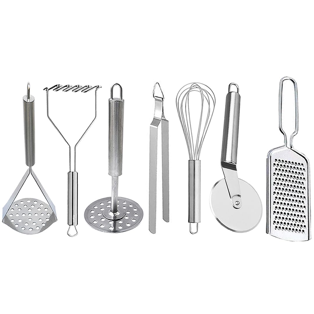 Oc9 Stainless Steel Potato Masher/Pav Bhaji Masher (Pack of 3) & Roti Chimta/Utility Tong & Egg Whisk/Egg Beater & Pizza Cutter/Slicer & Cheese Grater/Coconut Grater for Kitchen Silver