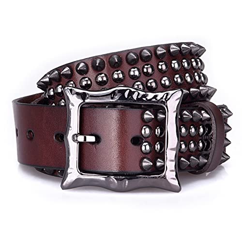 Leather Belt Studded Belt Punk Rock Cone Spikes Rivets Handmade Cow Leather Waistband Western Rectangular Buckle for Jeans Pants (110cm/waist:37" Brown)2