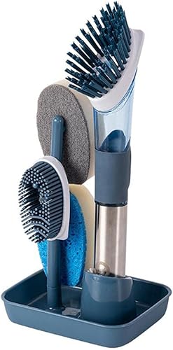 Dispensador de jabón mejorado, cepillo de lavado, 4 en 1, paquete de 4 cabezales de cepillo intercambiables, cepillo para platos con dispensador de