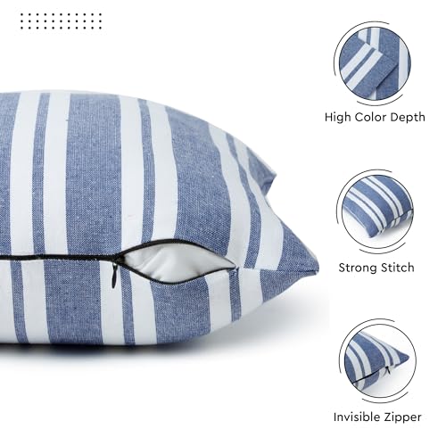 Image of Encasa XO Farmhouse Throw Pillow Covers Set of 2 (24x24 in) Franca Blue Stripes | Decorative Cushion Covers No Inserts | Plaid and Stripes Pillow Covers for Living Room, Couch
