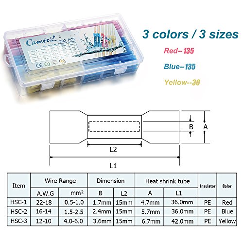 300pcs Heat Shrink Butt Connectors Terminals, Camtek Waterproof Wire Connectors Electrical Terminals Insulated CrimpTerminals Marine Automotive Butt Electrical Connectors Kits (3 Colors / 3 Sizes) - Thumbnail 2