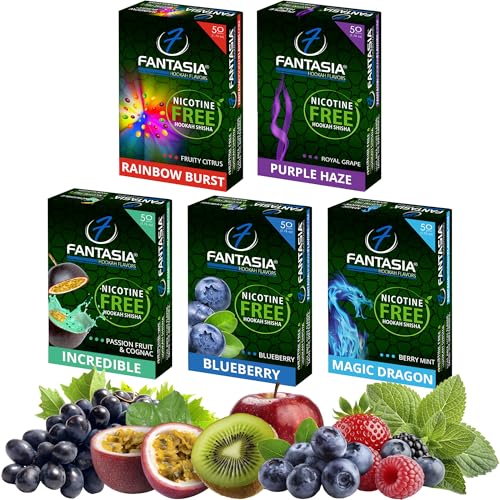 Fantasia Hookah Shisha Flavors, Tobacco & Nicotine Free — Berry Variety, 50-Gram (Pack of 5) B5