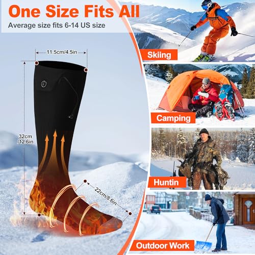 Electric Heated Socks for Men Women with 5V 6000mah Battery Foot Warmer 360° Toe Heating Electric Socks with 4 Levels Heat Settings Suitable for Outdoor Skiing, Winter Camping, Hiking