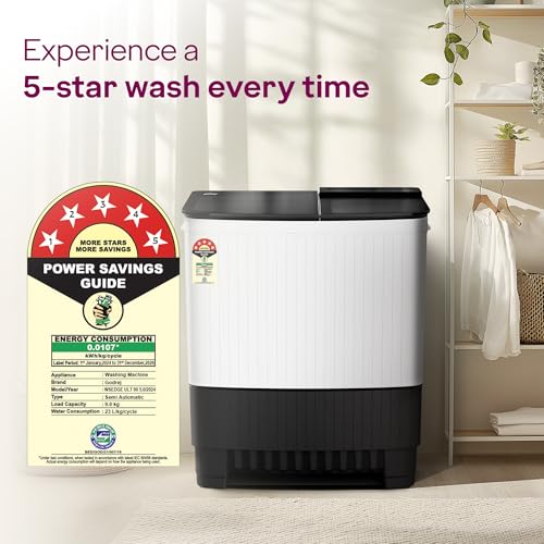 Image of Godrej 9 Kg Semi Automatic 5 Star Rating with 5 Years Warranty, Toughened Glass Lid, Magic Lint Filter Washing machine (WSEDGE ULT 90 5.0 DB2 ME WHBK)