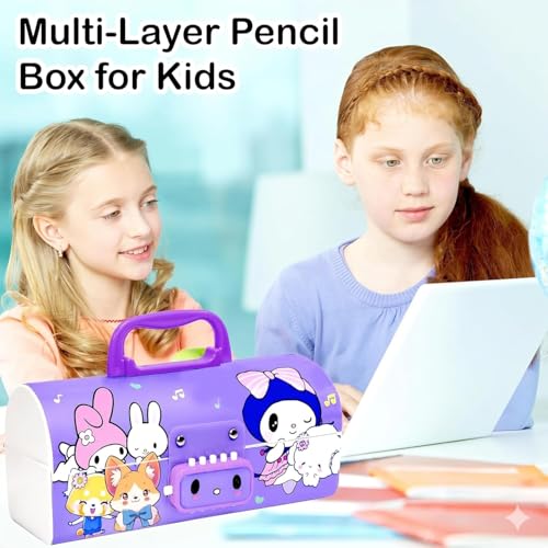 Image of WORSHIPER New Cartoon Theme Pencil Box with Push Pull Eraser Set for Kids | Suitcase Style Password Lock Stationery Organizer | School Supplies Gift Combo for Boys & Girls (Kuromi Purple + Eraser)