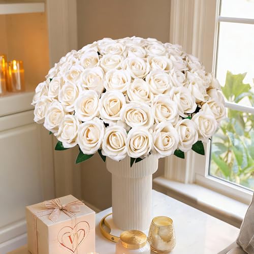 Image of 50 PCS Champagne Roses Artificial Flowers, Fake Roses with Stem Realistic Silk Rose for DIY Wedding Bouquets Table Centerpieces Arrangements Baby Shower Birthday Home Decor Valentines Day Gift for Her