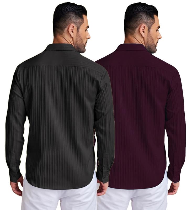 Image of DEELMO Combo of Men's Casual Button Down Shirts Long Sleeve Linen Shirt Fashion Textured Summer Shirts Pack of 2