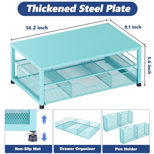 Image of OPNICE Desk Organizer and Accessories, 2-Tier Computer Monitor Stand Riser with Drawer and 2 Pen Holders, Laptop Stand, Office Desk Accessories for Office Supplies, 1 Pack, Teal Blue