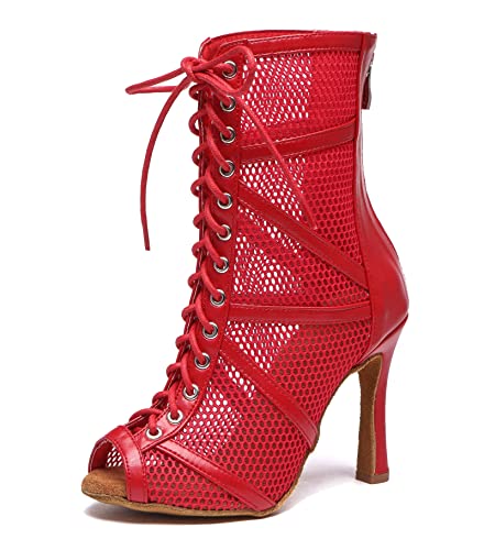 MINITOO Profesional Latino Salsa Baile Zapatos Malla Boda Fiesta Club Botas con Cordones L555 Rojo EU 35