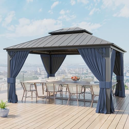 Kurapika 12 x 14 Hardtop Gazebo Outdoor Metal Gazebo with Galvanized Steel Double Roof Canopy Curtain and Netting Aluminum Permanent Pavilion Gazebo for Patio Backyard Lawn Navy Blue