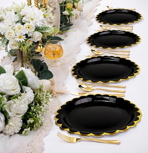 Image of HEIPINIUYE 50 Pieces Black Paper Plates with Gold Foil 9 Inch Disposable Black Scalloped Dinner Plates for Wedding Baby Shower Birthday Party Dessert Plate