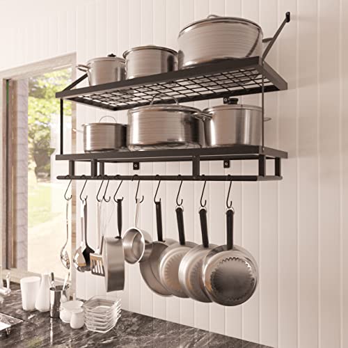 Kes 30-Inch Kitchen Pot Rack - Mounted Hanging Rack For Kitchen Storage And Organization- Matte Black 2-Tier Wall Shelf For Pots And Pans With 12 Hooks - Kur215S75B-Bk #TOP3