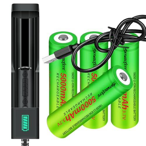 4 Pack 5000mAh,18650 Rechargeable Battery W￵i￵th Charger, Universal 18650 Battery Charger Single-Slot for 3.7V Li-ion Rechargeable Battery(Button Top Type)