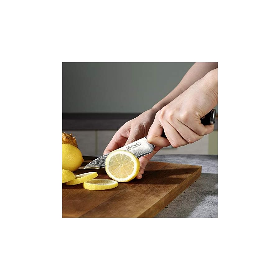 PAUDIN-5-Damascus-Utility-Knife--67-Layer-Forged-Blade-Ultra-Sharp-Stainless-Steel-Kitchen-Knife-with-Full-Tang-G10-handle-Ideal-for-Cutting-Fruits-and-Vegetables PAUDIN Utility Knife, 5'' Paring Knife, Damascus Kitchen Knife, 67-Layer Forged Blade Ultra Sharp Edge, Stainless Steel Knife, Full Tang G10 Handle with Triple Rivets, for Cutting Fruit and Vegetables